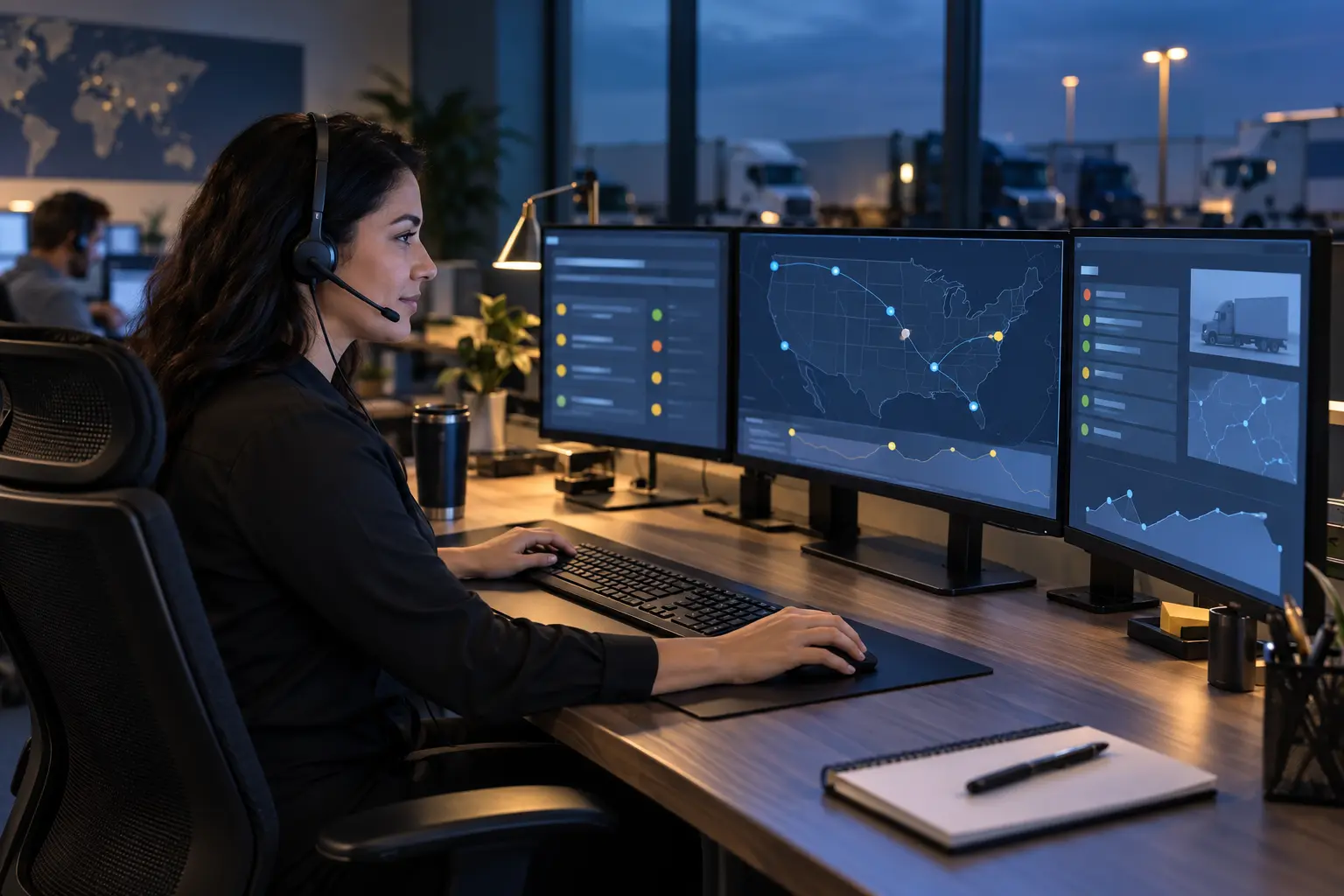 Professional truck dispatcher coordinating loads at a workstation